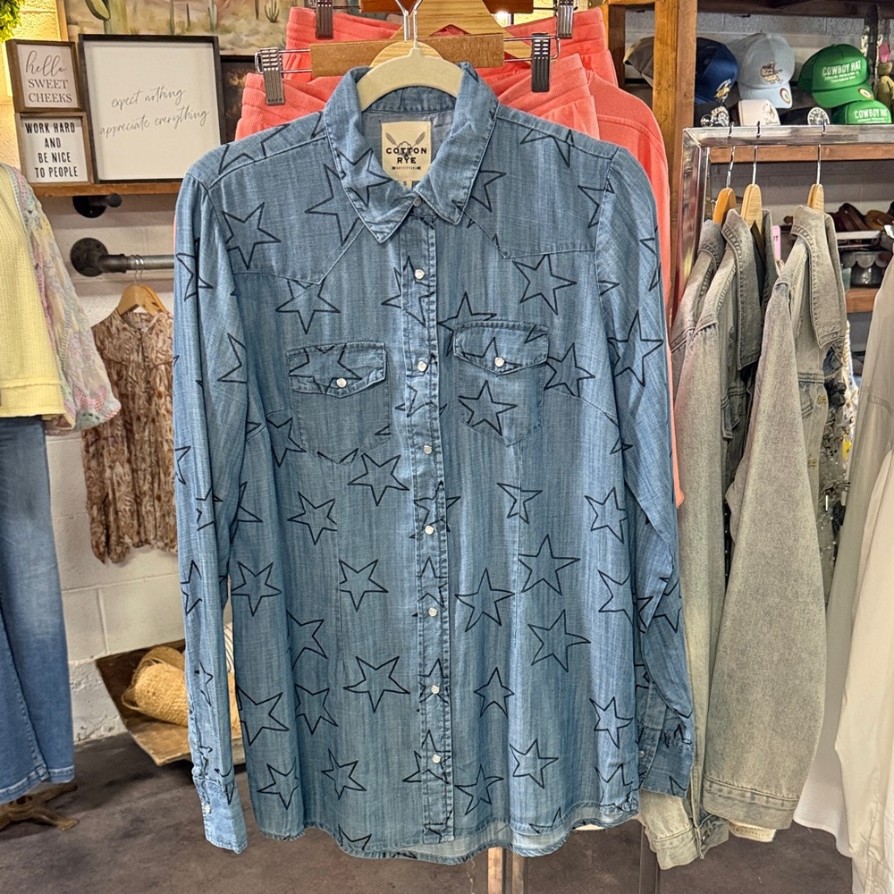 Crown & Rye Blue Star-Print Denim Button-Down Shirt
